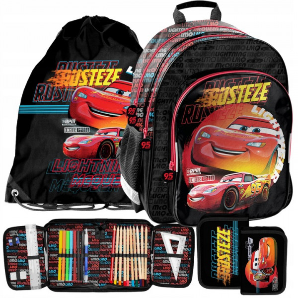 Cars | SET Školní batoh  Auta / Cars "Blesk McQueen Rusteze", 18l + vybavený penál + vak