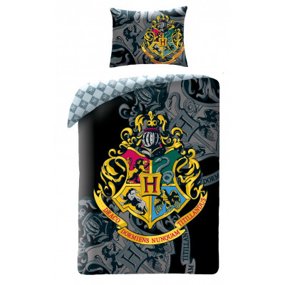 Harry Potter  | Povlečení  Harry Potter - erb Bradavice zlatý, černé/šedé, bavlněné   140x200, 70x90